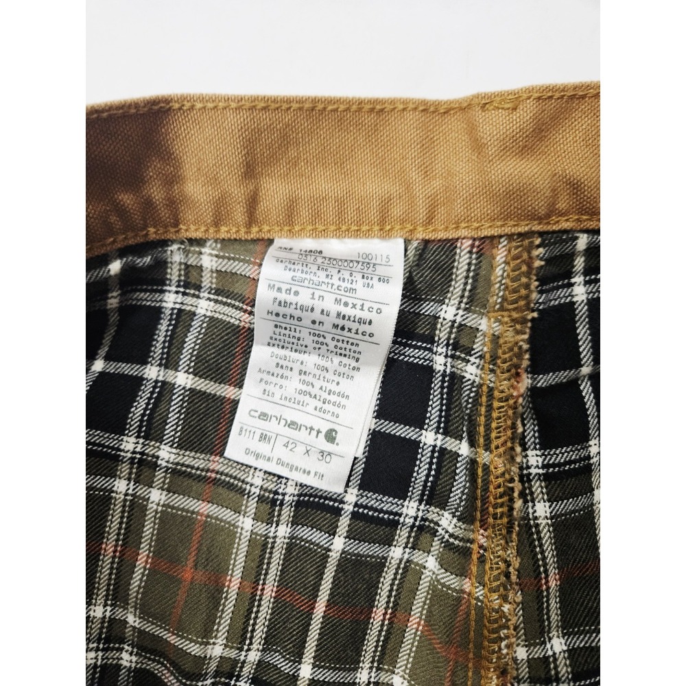 Carhartt Plaid Lined Brown Original Dungaree Fit Canvas Work Pants Mens 42x30 - Picture 6 of 11